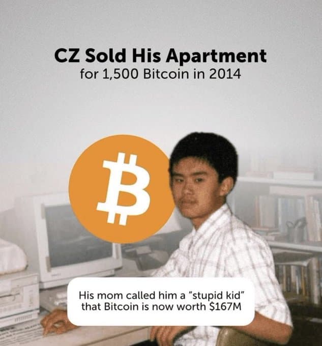 Lore card: CZ sold his apartment for 1,500 bitcoin in 2014; his mother called him a stupid kid.